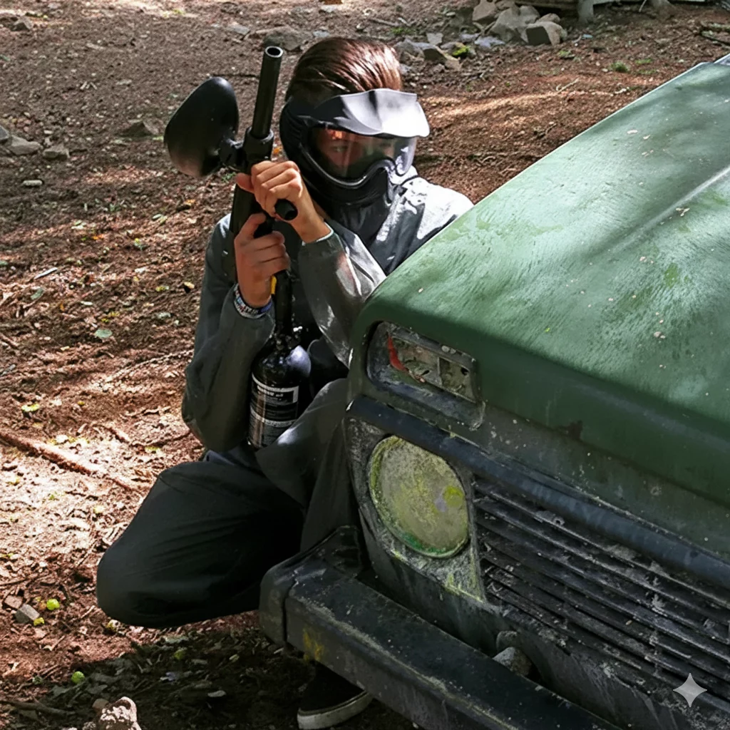 paintball player hiding behind a car