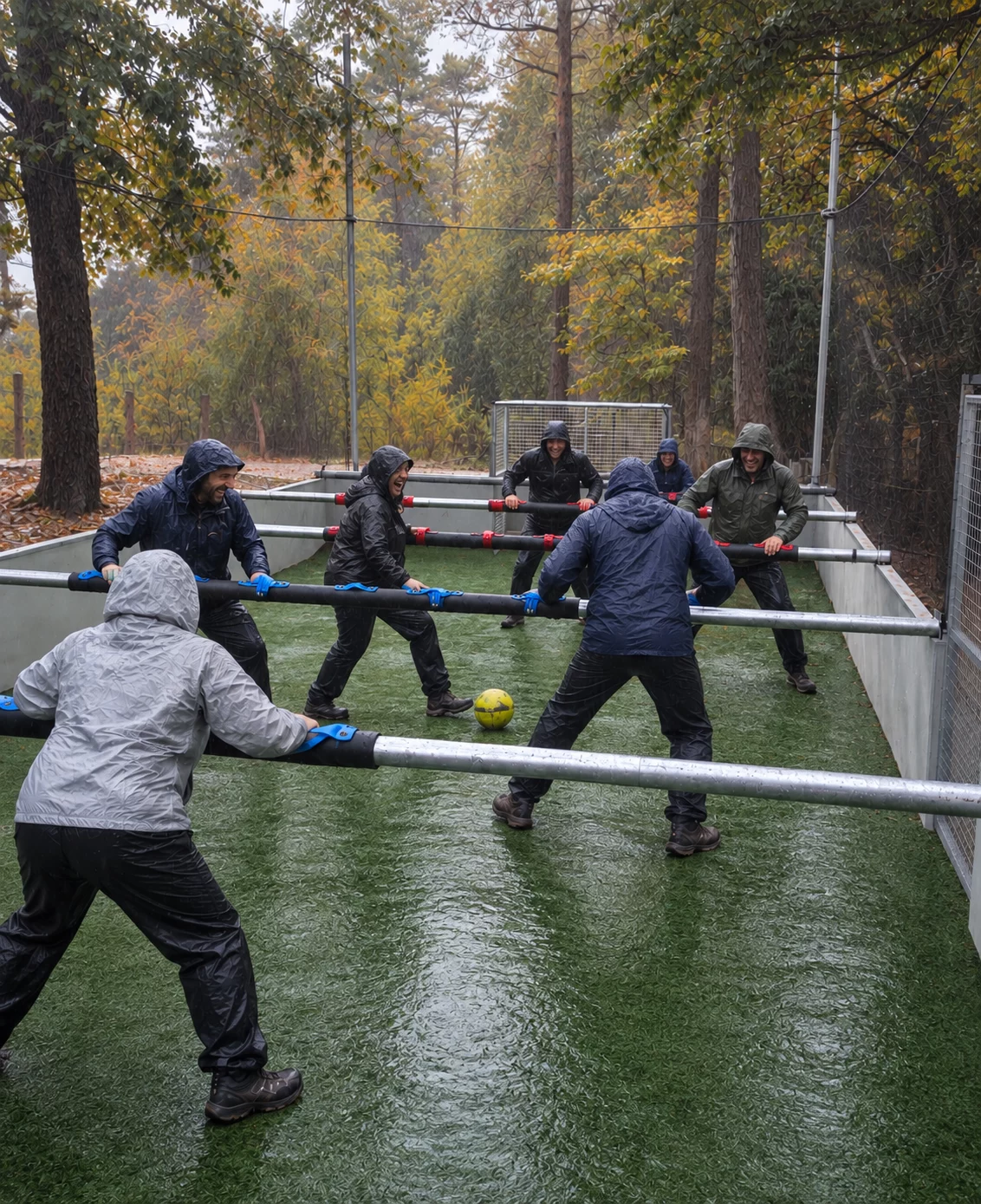 Match de baby-foot humain sous la pluie