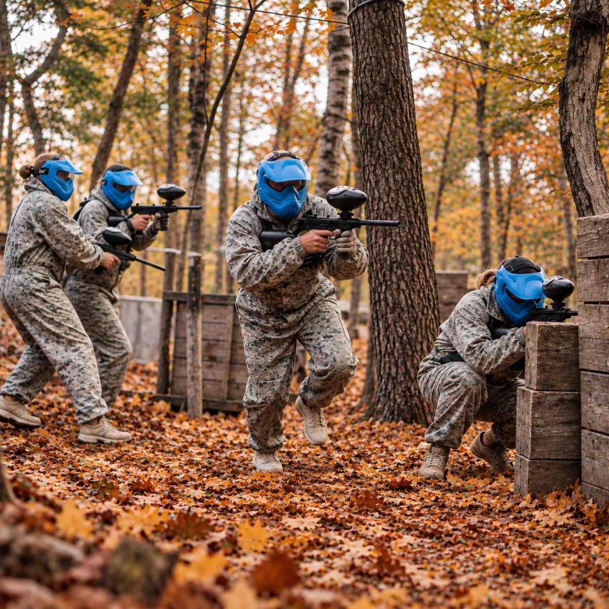 équipe jouant au paintball dans les bois en automne